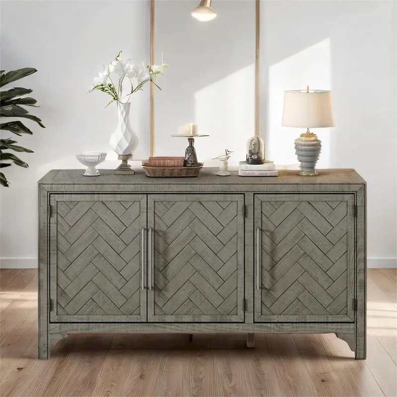 Wood Storage Cabinet Sideboard with Adjustable Shelves and 3 Doors