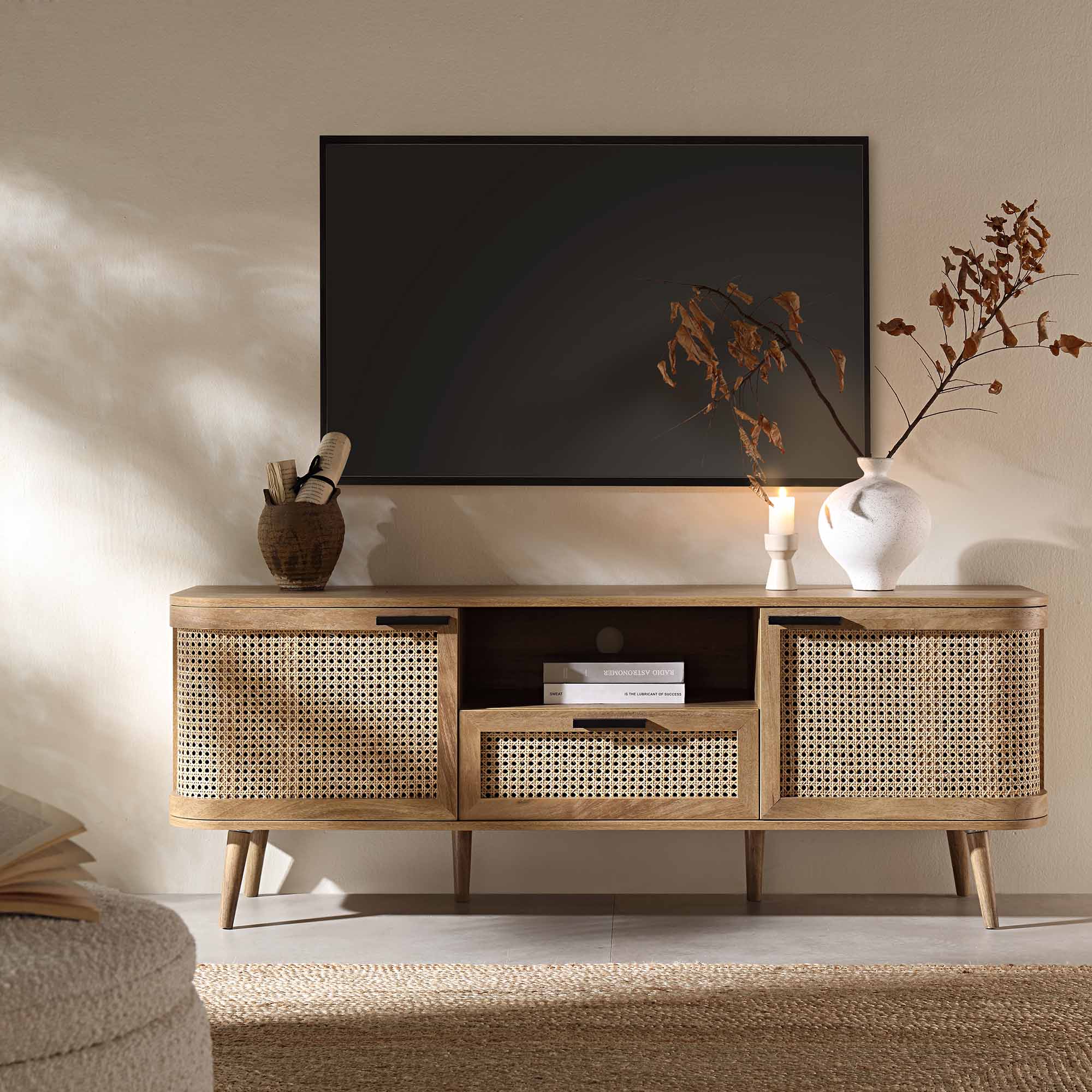 Curved Rattan 59 TV Unit, Natural