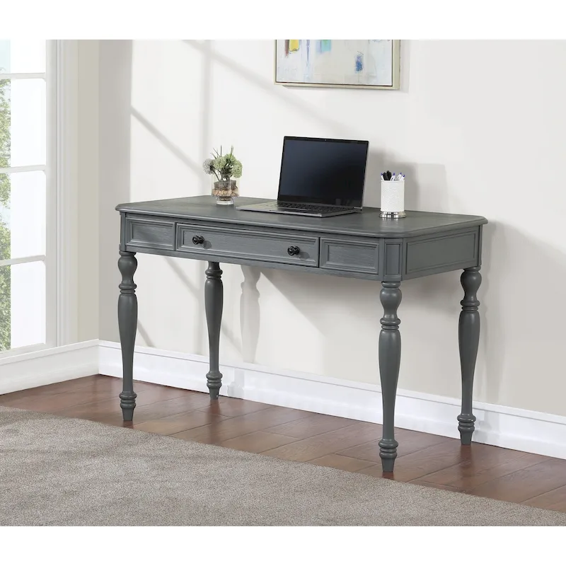 Plantation Grey / Antique White Traditional Solid Wood Desk with Full-Extension Drawer & Cable Management - Single Use