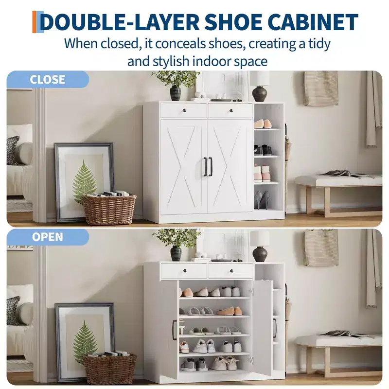 Garvee Farmhouse Shoe Cabinet with 2 Barn Doors & 2 Drawers, 7-Tier Entryway Shoe Storage Cabinet with Adjustable Shelves
