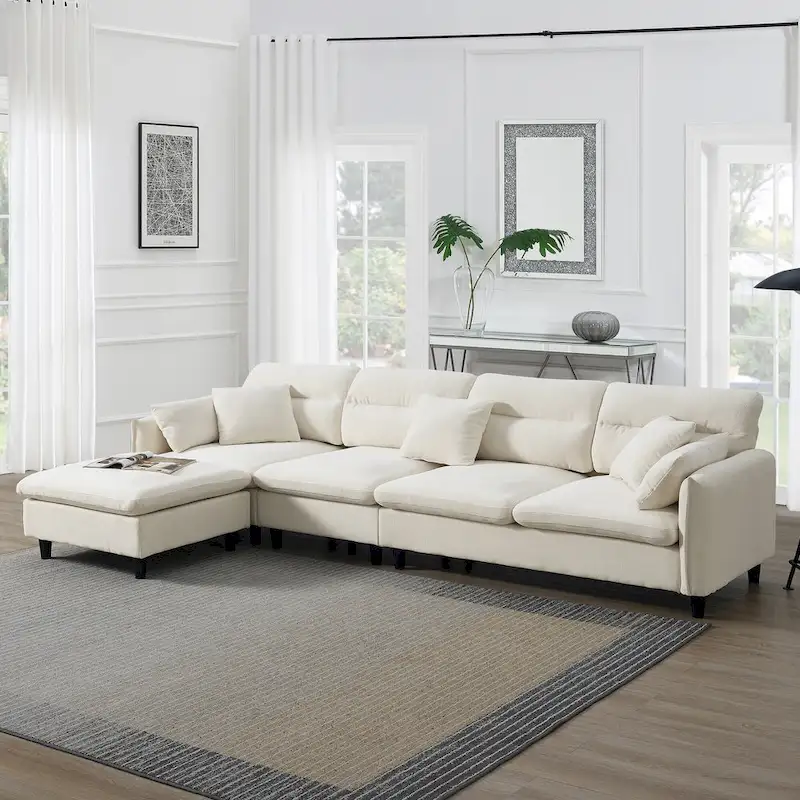 Black / Gray / Beige L-Shaped Sectional Sofa with Ottoman, 4-Seater