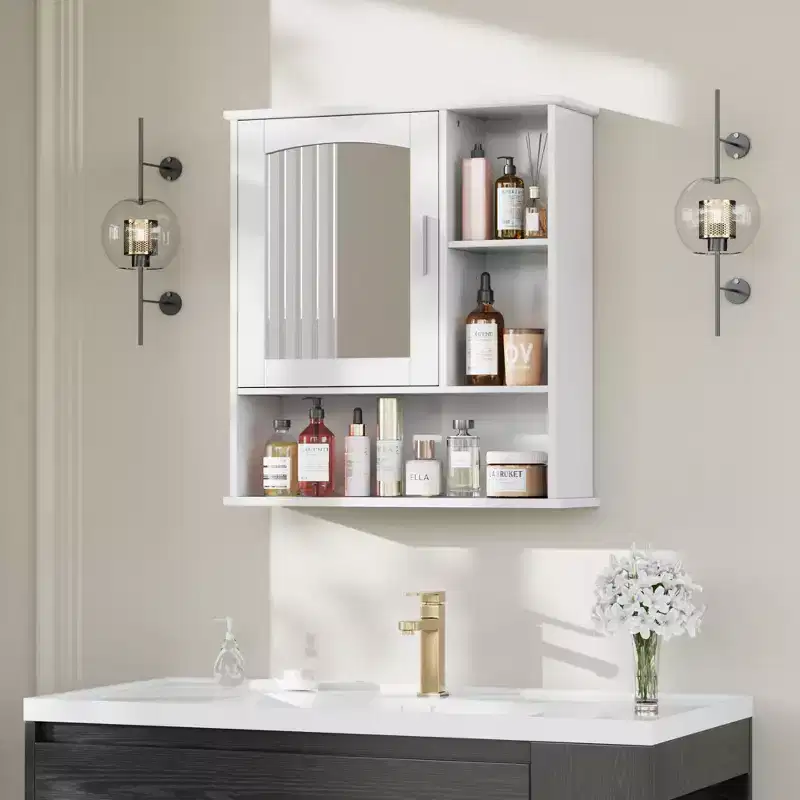 VECELO Bathroom Wall Cabinet with Mirror, Wall Mounted Medicine Cabinet with Door & Open Shelves, Adjustable Shelves, White
