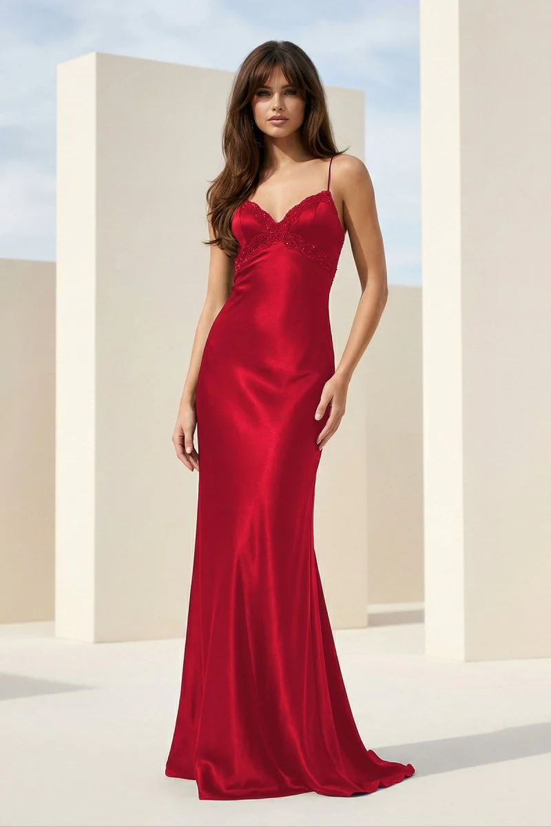 Black Spaghetti Straps Mermaid Satin Backless Prom Dresses With Beading