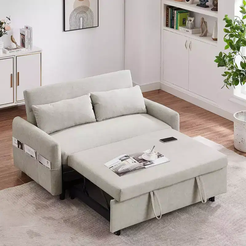 CLIHOME 55.1 Pull Out Sleeper Sofa Bed Loveseats Sofa Couch with Adjustable Backrest, Storage Pockets, 2 Soft Pillows