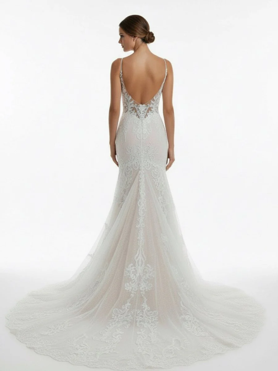Ivory Mermaid Spaghetti Straps Backless Long Lace Wedding Dress