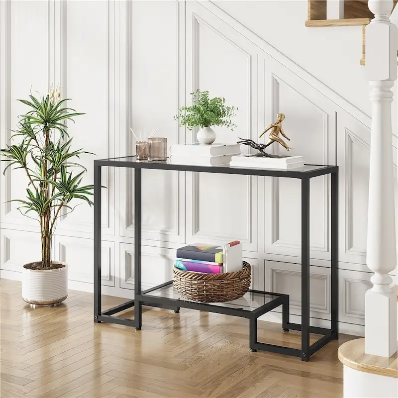 Black / Gold 2-Layer Tempered Glass Console Table with Metal Frame