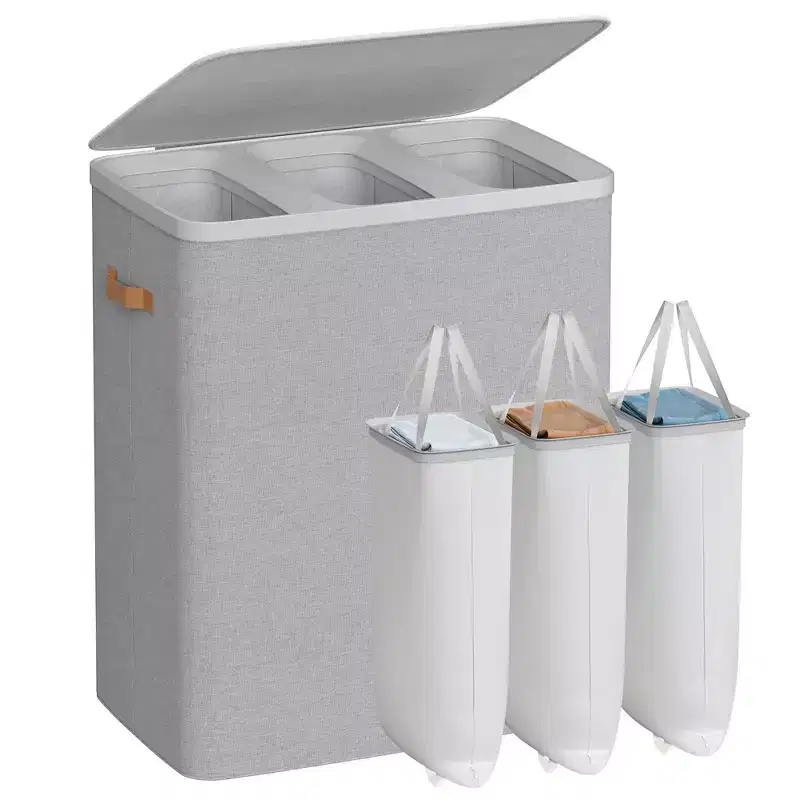 Laundry Hamper, 50.2 Gal 3-Compartment Basket with Lid & Removable Liners, for Whole Family Laundry Sorting