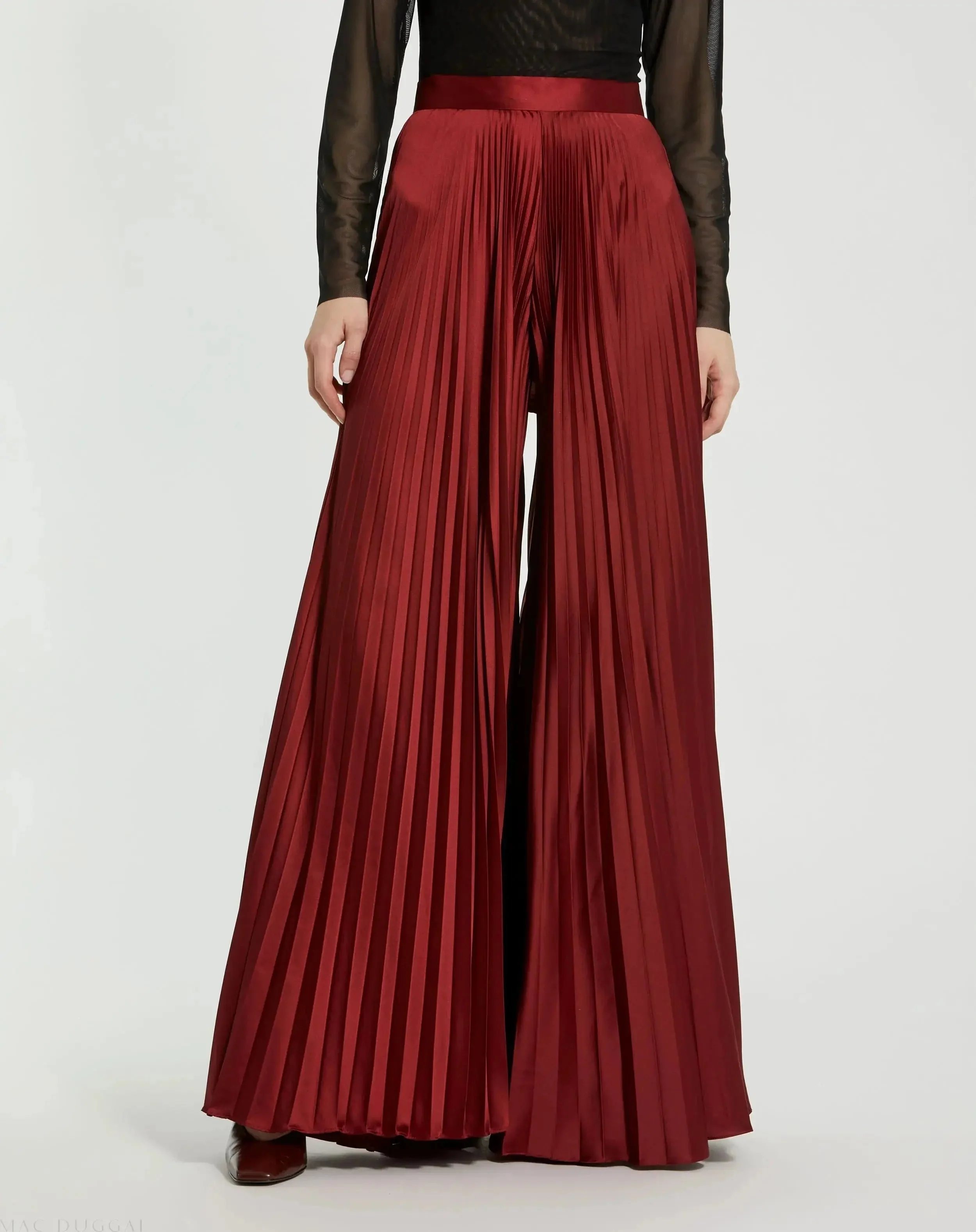 Red Pleated Charmeuse Wide Leg Pants