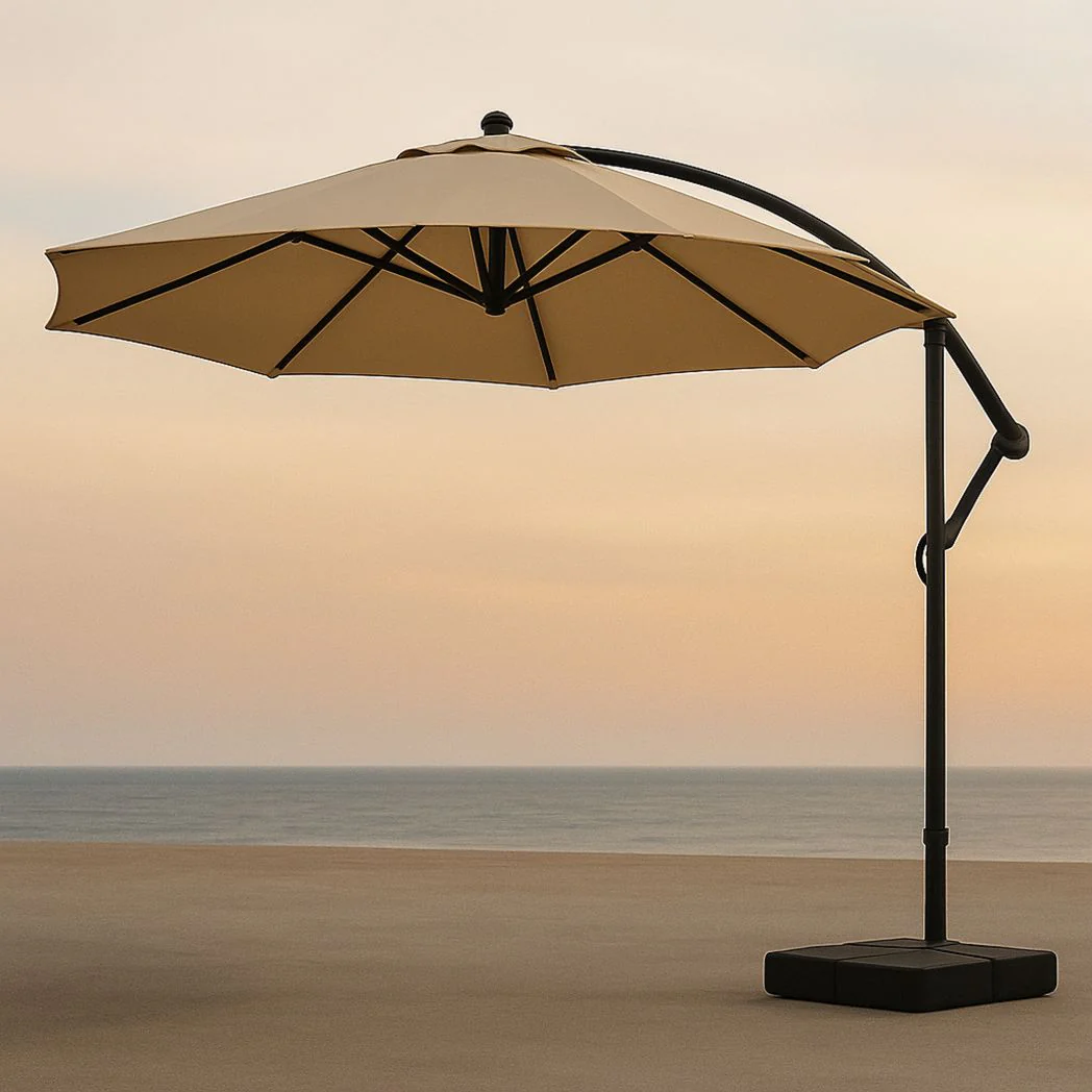 Parasol Déporté Rond en Aluminium avec Toile Polyester Résistant aux UV Beige, Diamètre 3m, Hauteur 2.5m