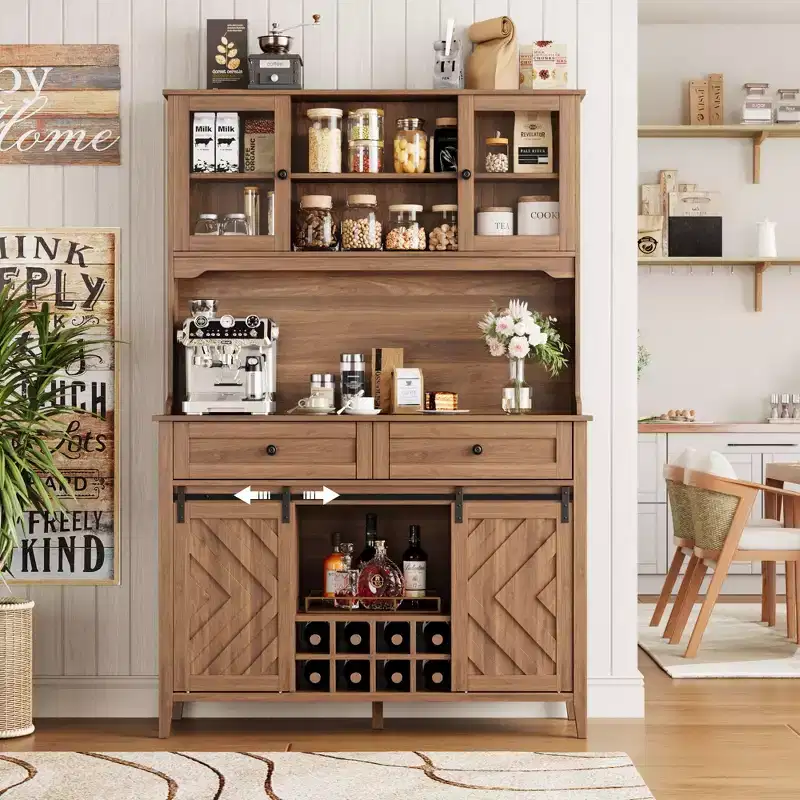 Garvee Wine Bar Cabinet, Farmhouse Kitchen Pantry Storage Cabinet with Wine Racks & Drawers, LED Lighted Kitchen Hutch with Sliding Doors