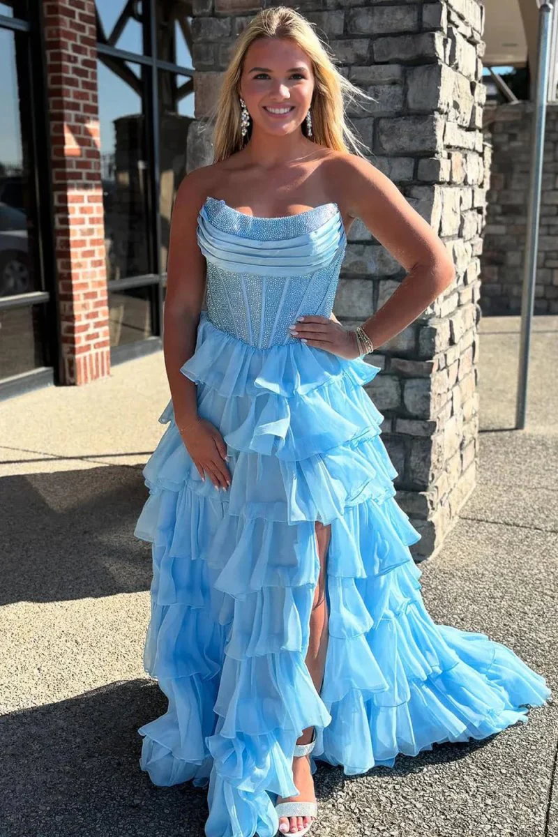 Sky Blue - A Line Strapless Chiffon Beaded Corset Long Prom Dress With Slit
