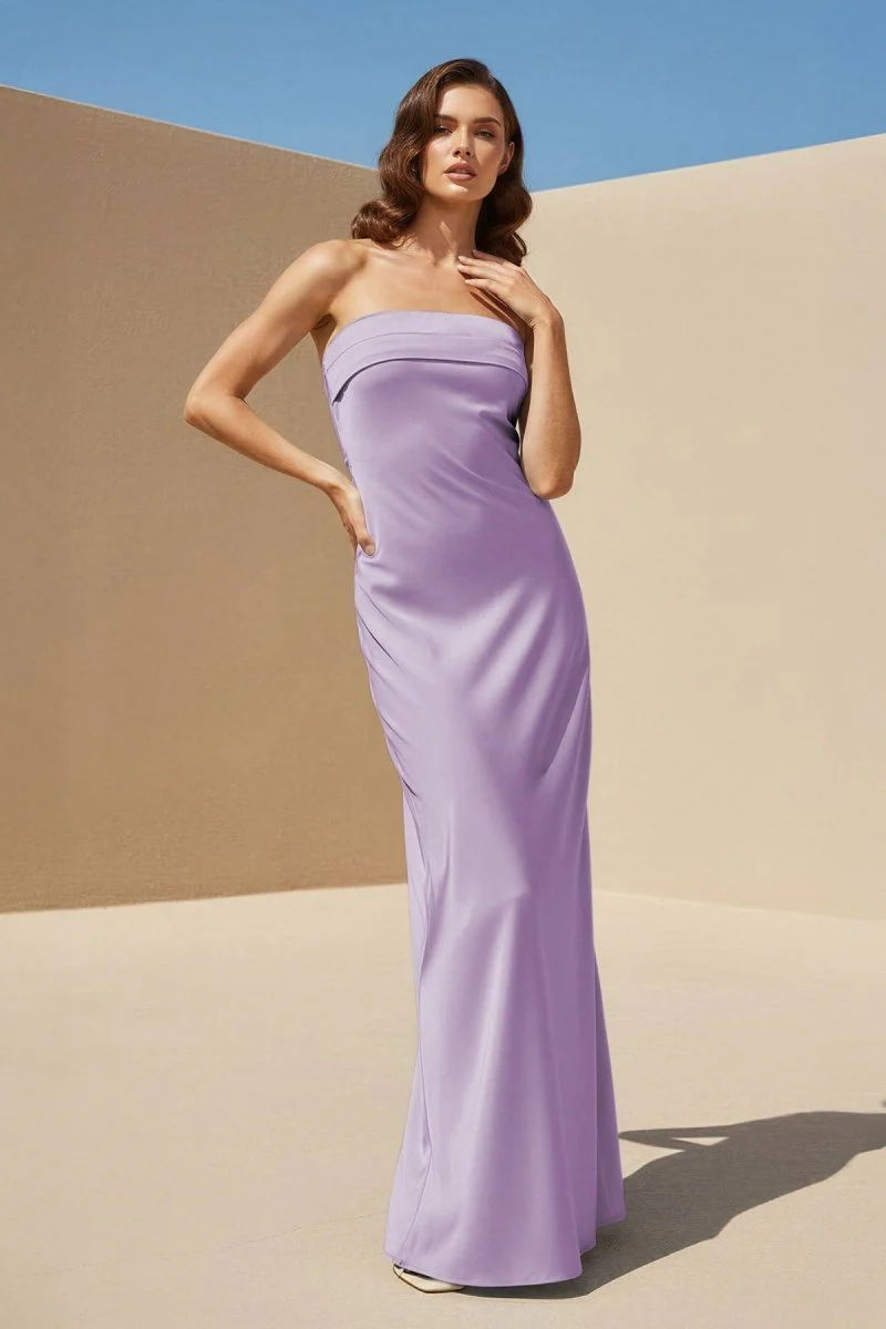 Sky Blue Strapless Sheath Satin Pleated Open Back Long Prom Dresses