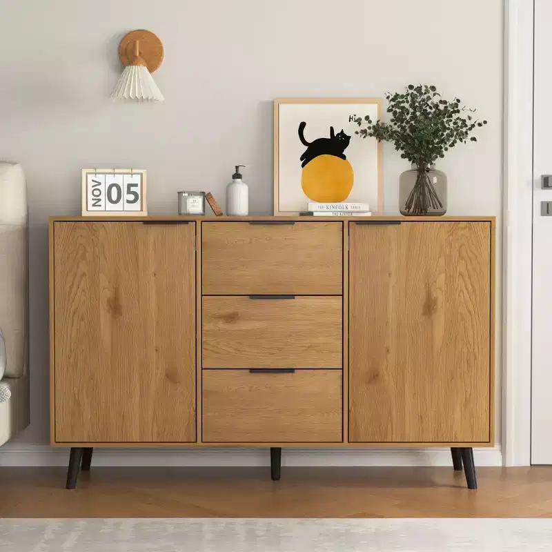 47.2 Natural Wood Sideboard Buffet Cabinet - 3 Drawers, 2 Doors, Kitchen Coffee Bar Storage Cabinet and Cupboard