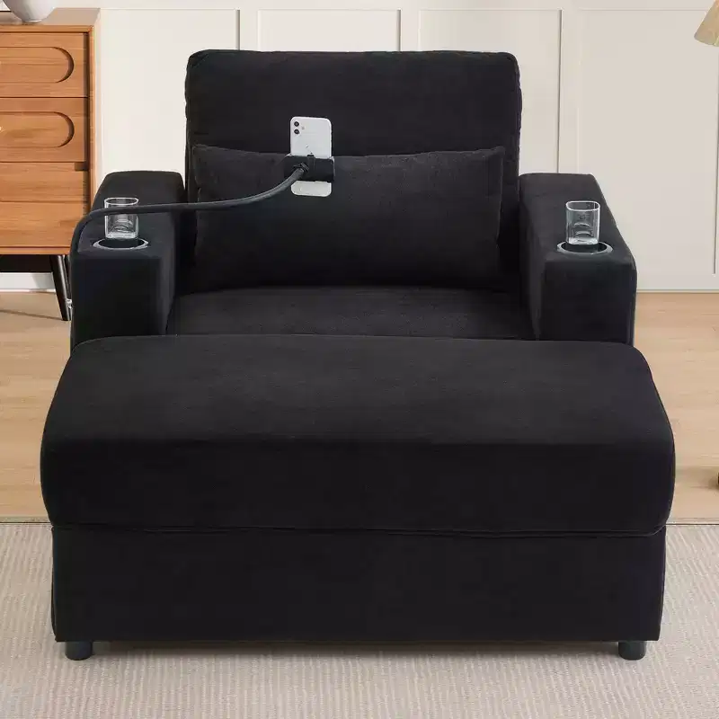 MAYEERTY Modern Style Armhair 42.5 Chaise Lounge Sofa with Movable Storage Ottoman Ports Two Cup Holders Side Pockets for Living Room Black