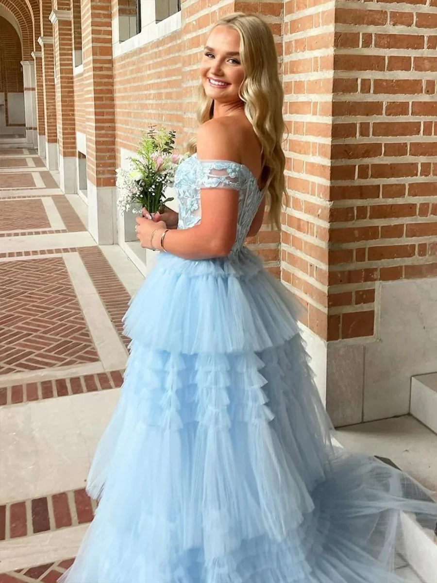 Light Blue Off the Shoulder Tulle Prom Dress With Appliques