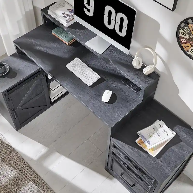 Modern Farmhouse Home Office Desk, Computer Desk with File Cabinet
