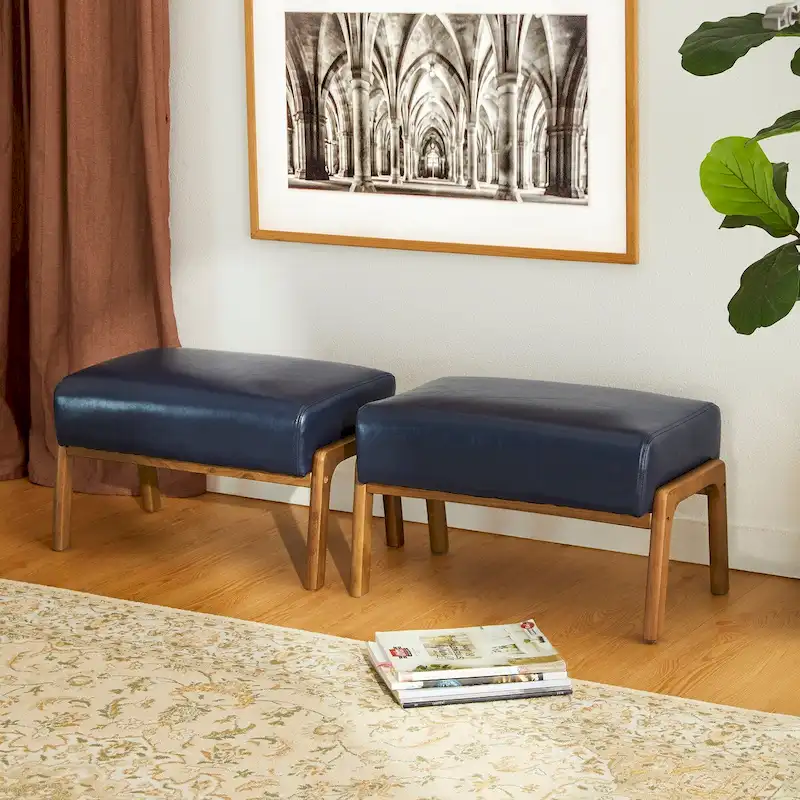 Brown Mid-Century Faux Leather Ottoman Accent Stool, Set of 2