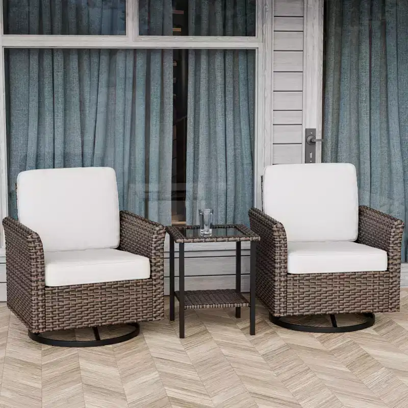 EAGLE PEAK Ocean Vista 3 Piece Outdoor Wicker Bistro Set, Variated Wicker Conversation Swivel Chair Set with Side Table