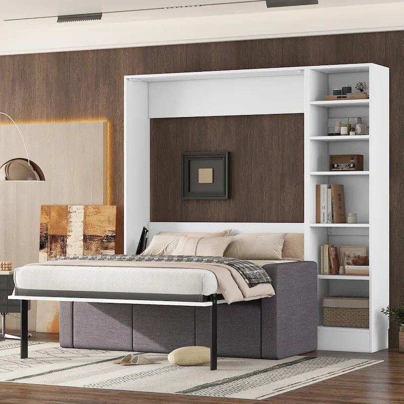 White Full Murphy Wall Bed with Floor-Level Storage Cubbies, Sofa and Shelves – 1-Person