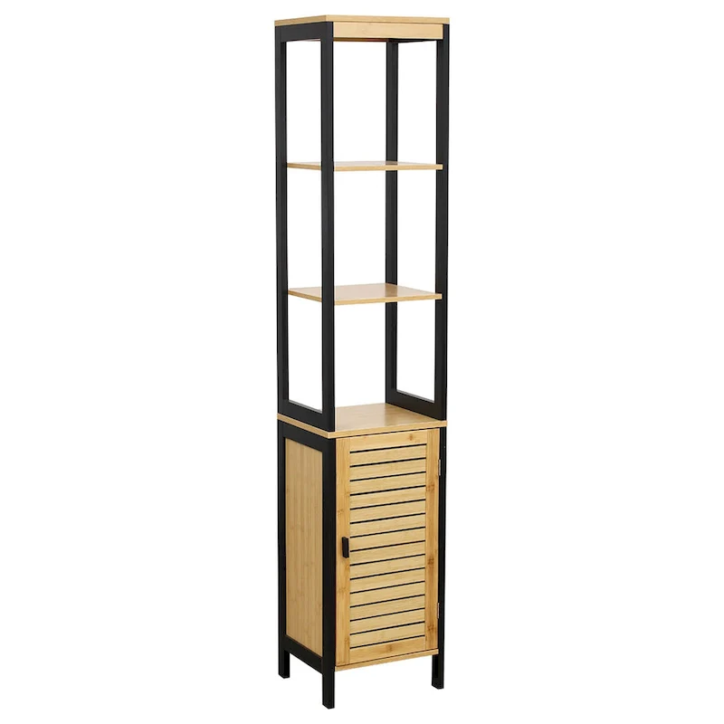 Natural Slim Storage Cabinet with Shelves, Modern Black Frame - 13.4 L x 12 W x 68 H