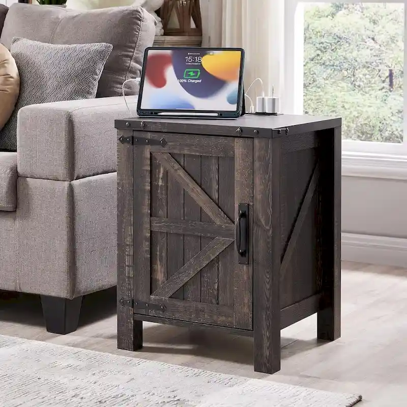 Farmhouse Wood Nightstand with Charging Station, End Table, Side Table