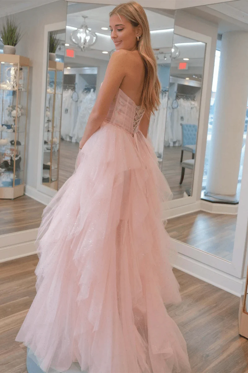 Strapless Blush Pink Sequin Beaded Ruffle Tulle Prom Dress
