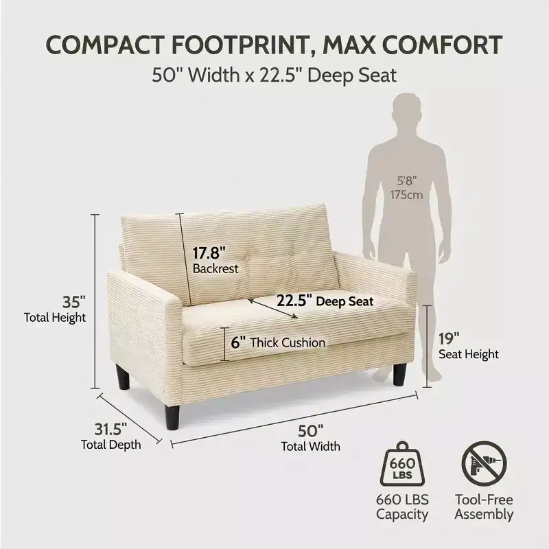 Dyonery 50 Small Loveseat Sofa, Comfy Corduroy Couch with Spring Cushion & Solid Wood Frame, Tool-Free Assembly for Living Room/Bedroom