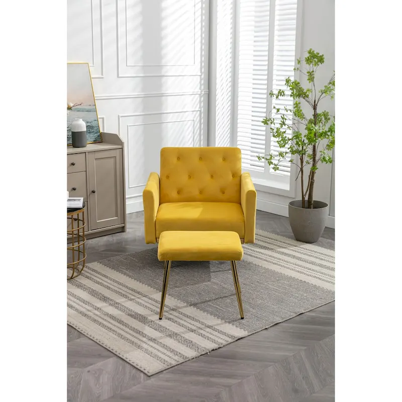 Velvet Accent Chair with Adjustable Armrests and Backrest, Button Tufted Lounge Chair, Single Recliner Armchair with Ottoman