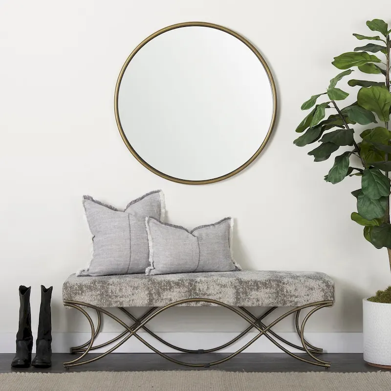 Gray Fabric Upholstered Bench with Gold Metal Legs