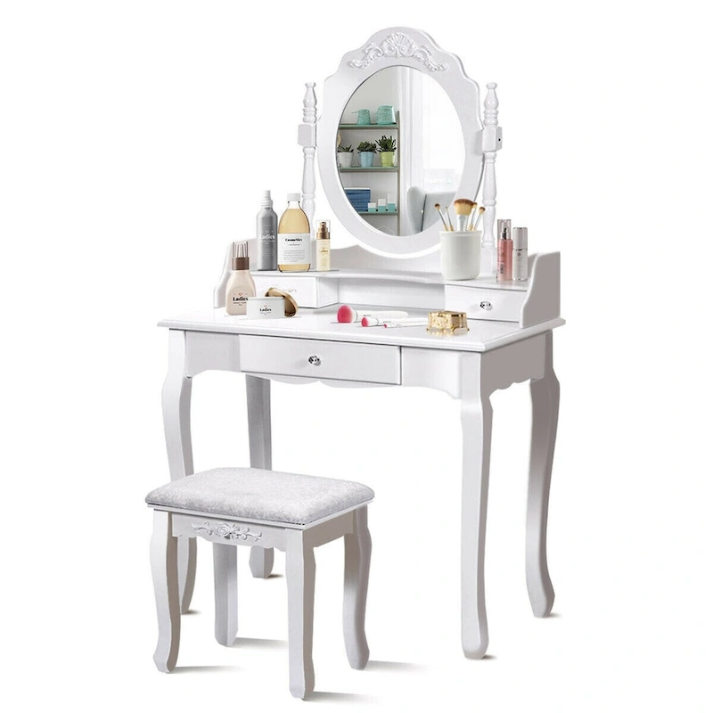 Costway White Vanity Wood Makeup Dressing Table Stool 3 Drawer