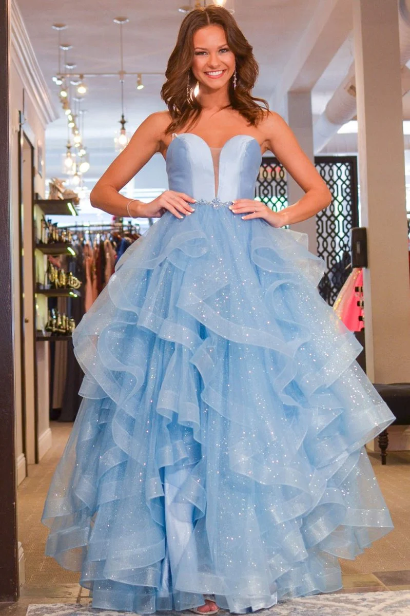 Princess Strapless Satin Glitter Tulle Prom Dress