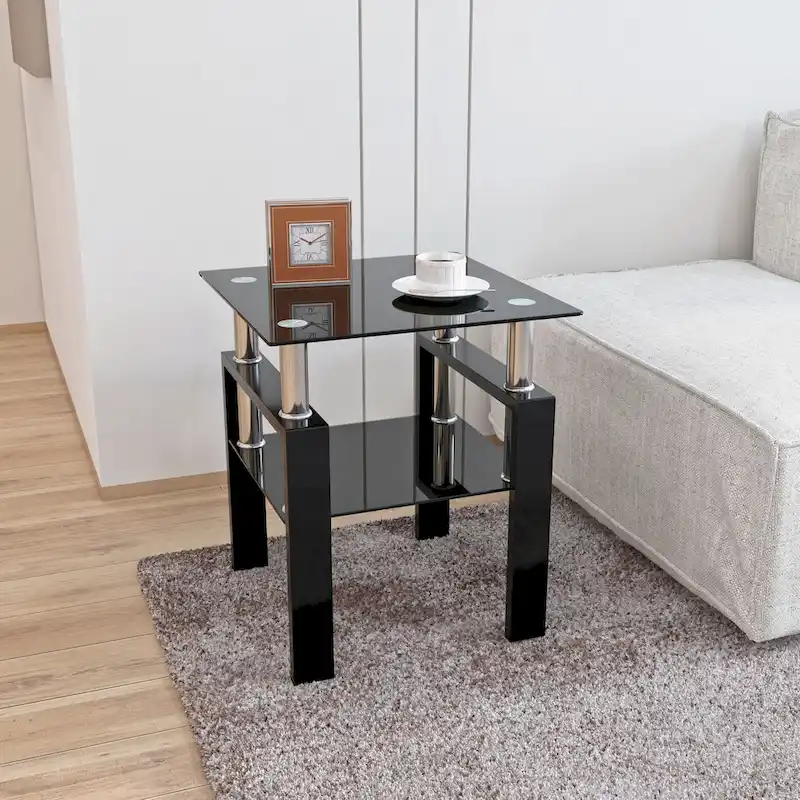 Square Tempered Glass Coffee Table with Metal Legs