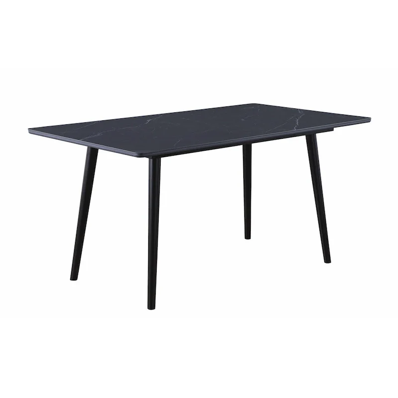 Aikya 60 Inch Dining Table, Black Sintered Stone, Tapered Metal Legs