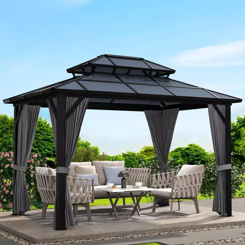 Hardtop Gazebo 10'x12' Double-Layer Polycarbonate Double Roof, Aluminum Frame Pavilion with Privacy Curtains and Netting All-Season for Patio, Garden