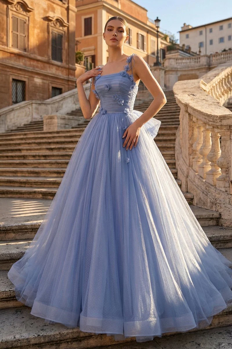 Blue Tulle Long A-Line Prom Dress Blue Spaghetti Straps Party Dress with Bow