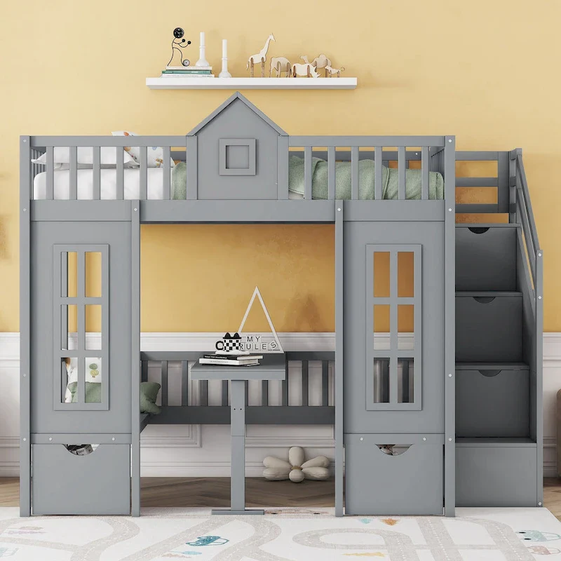 Pink / Grey / White Full-Over-Full Bunk Bed with Foldable Table – Sleeps 2