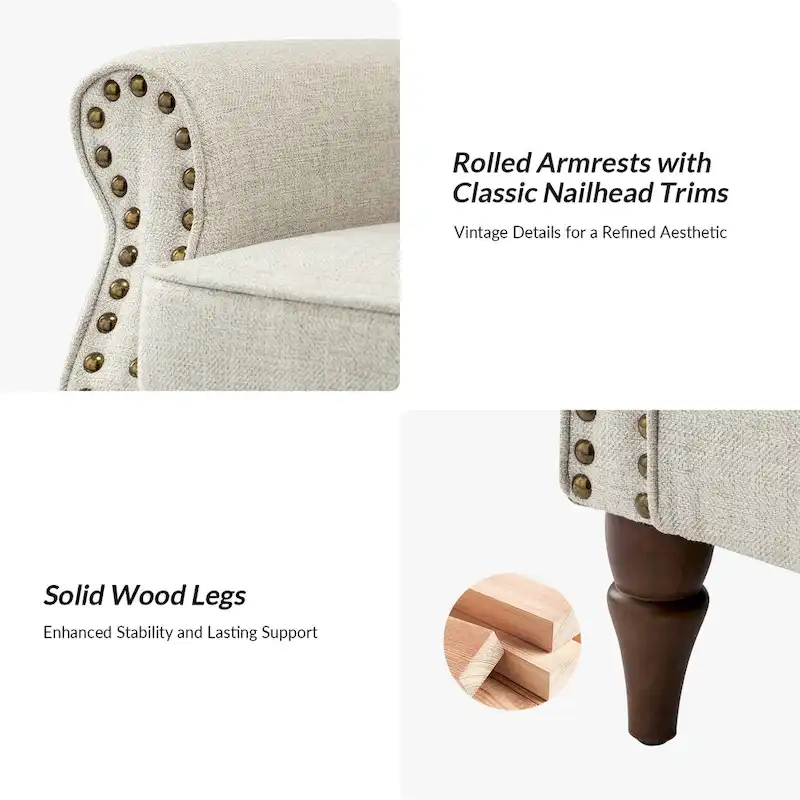 Upholstered Comfy Accent chair with Turned Wooden Legs and Nailhead Trim Set of 2 by
