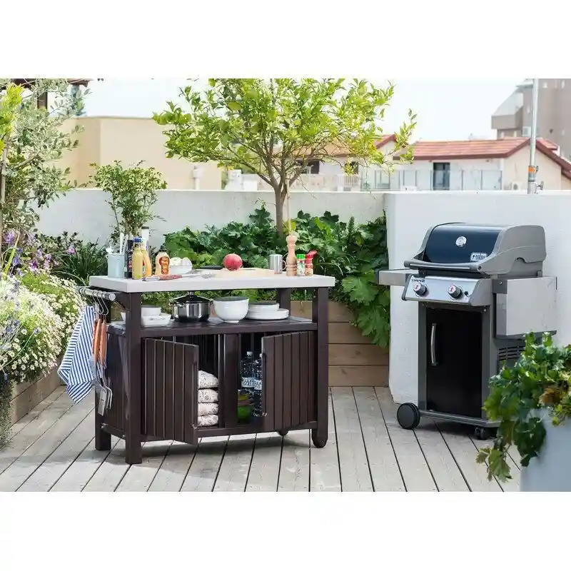 Outdoor Grill Party Caster Bar Serving Cart with Storage Dark Brown - 35.4 H x 48.7 W x 20.4 D