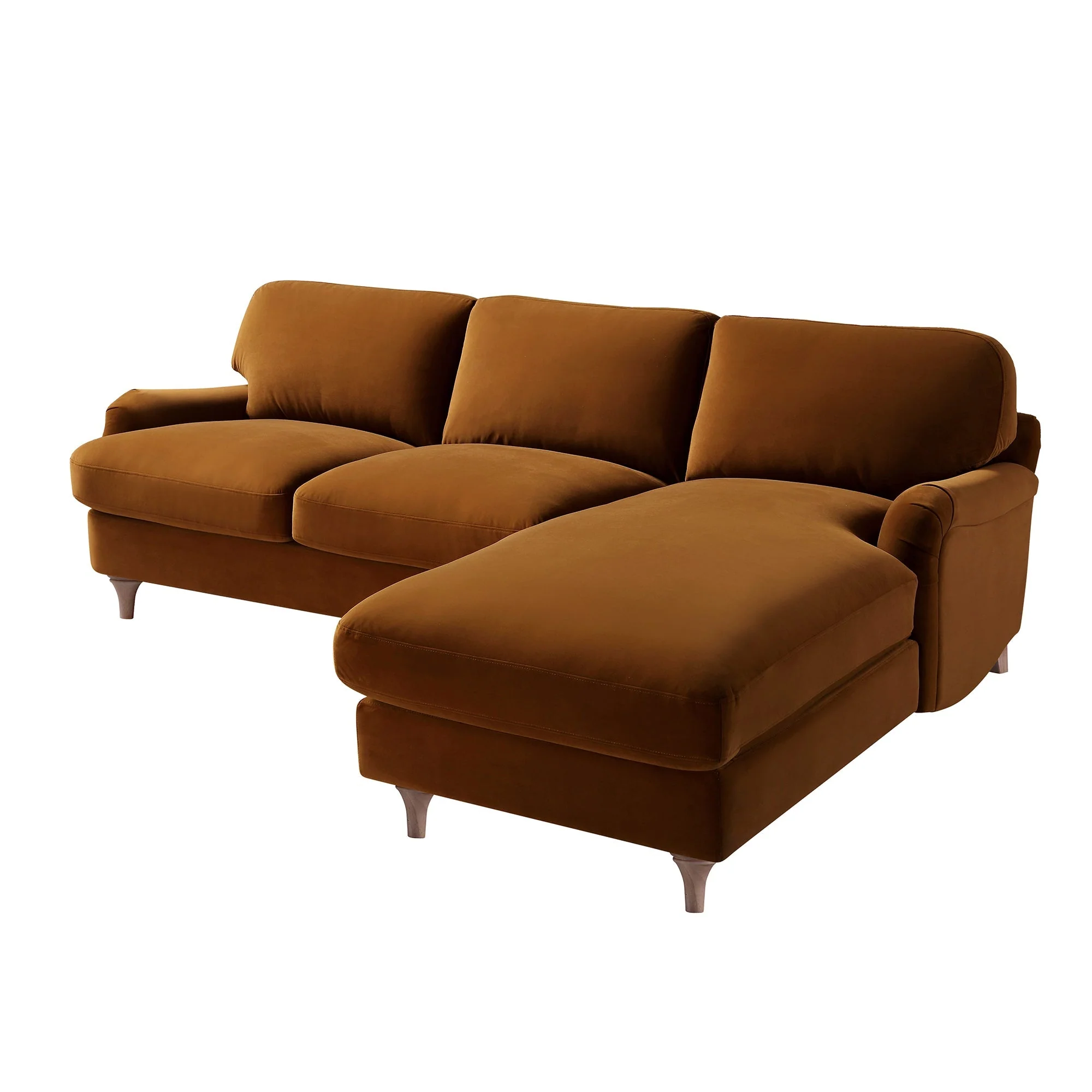 Cinnamon Velvet Sofa, Grande Chaise Sofa Right Hand Facing