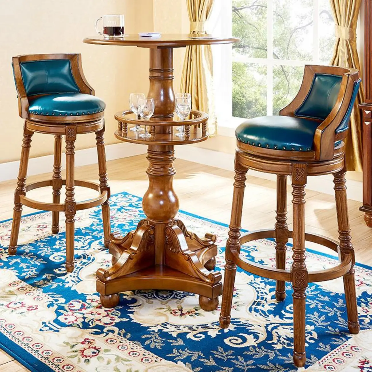 Traditional Blue Faux Leather Swivel Round Bar Stools