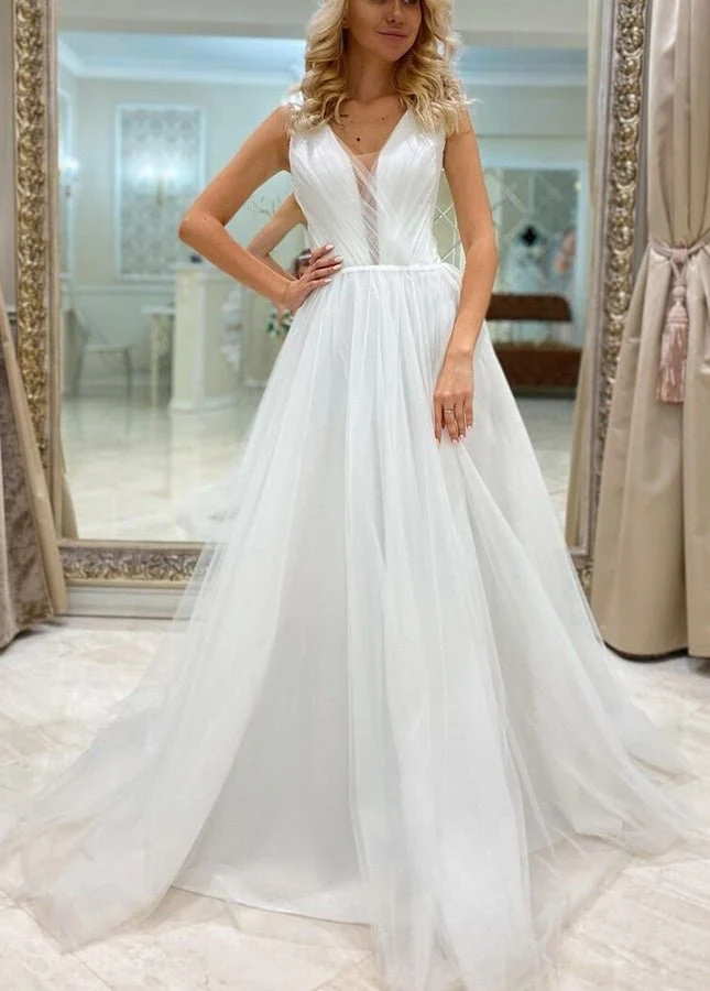A Line Bohemian Long Tulle Simple Wedding Dress V Neck