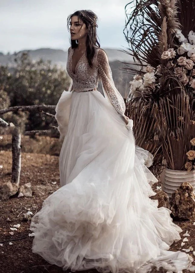 Two Piece Boho Dreamy A Line Tulle V-Neck Wedding Dresses Full Sleeve