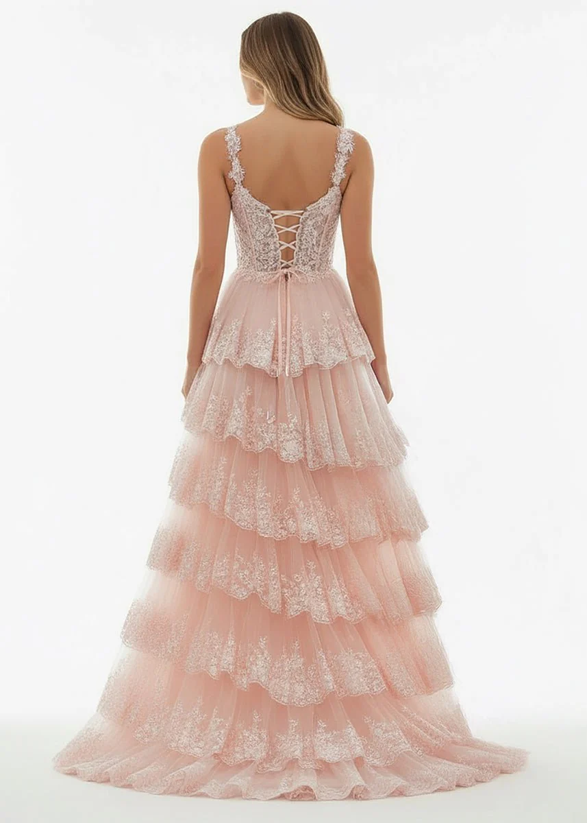 A-Line Lace Off-the-Shoulder Tiered Long Prom Dress with Slit