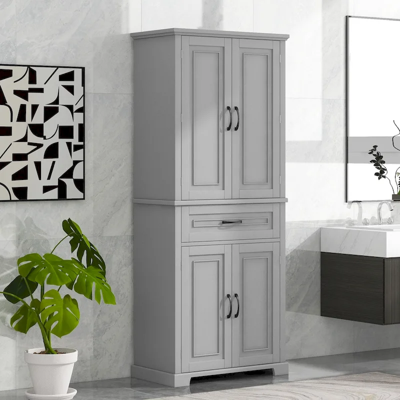 Tall Storage Cabinet with Doors & Drawer, Grey / Black / White, 1-Unit