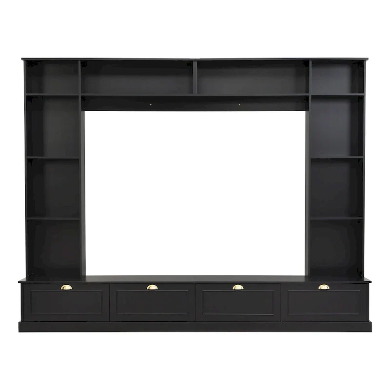 104.2 Wall Unit with TV Stand, Bookshelves, and Cabinets – Black