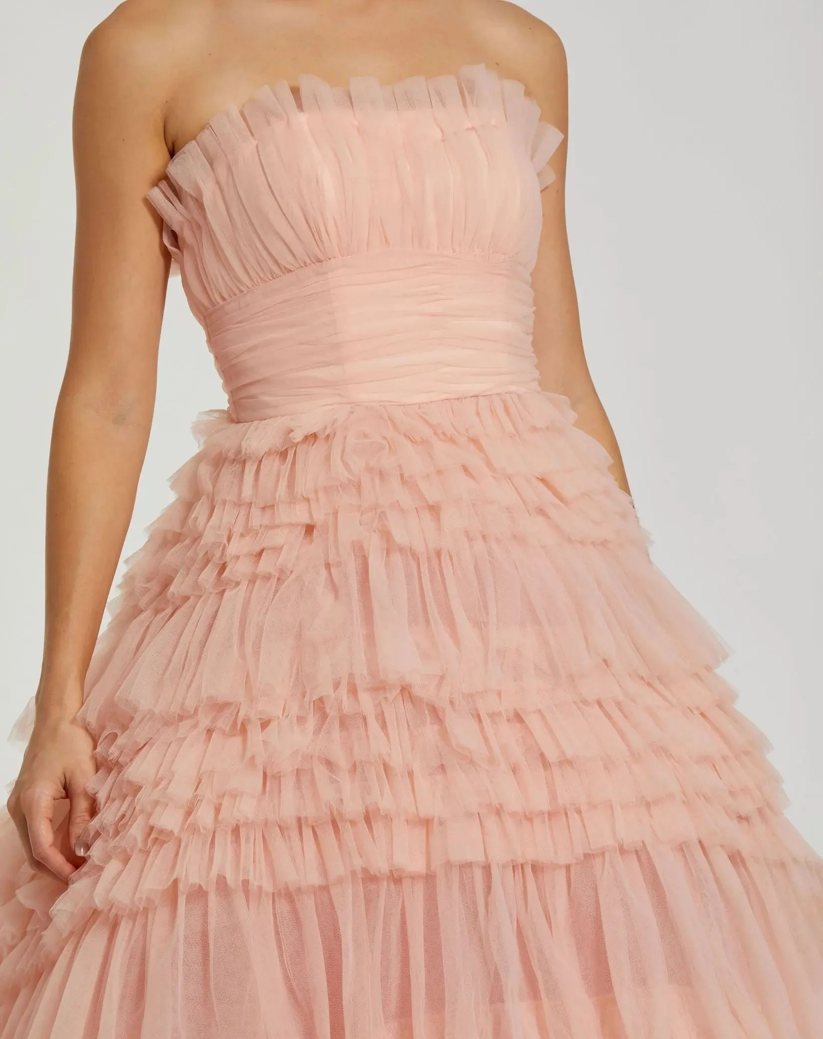 Pink Strapless Tulle Ruffle Gown