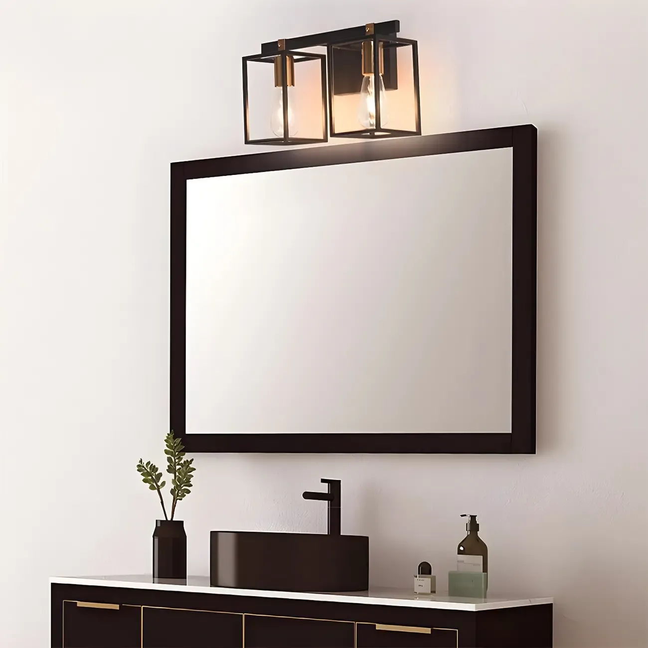 3-Light Linear Cube Black Iron Caged Vanity Light