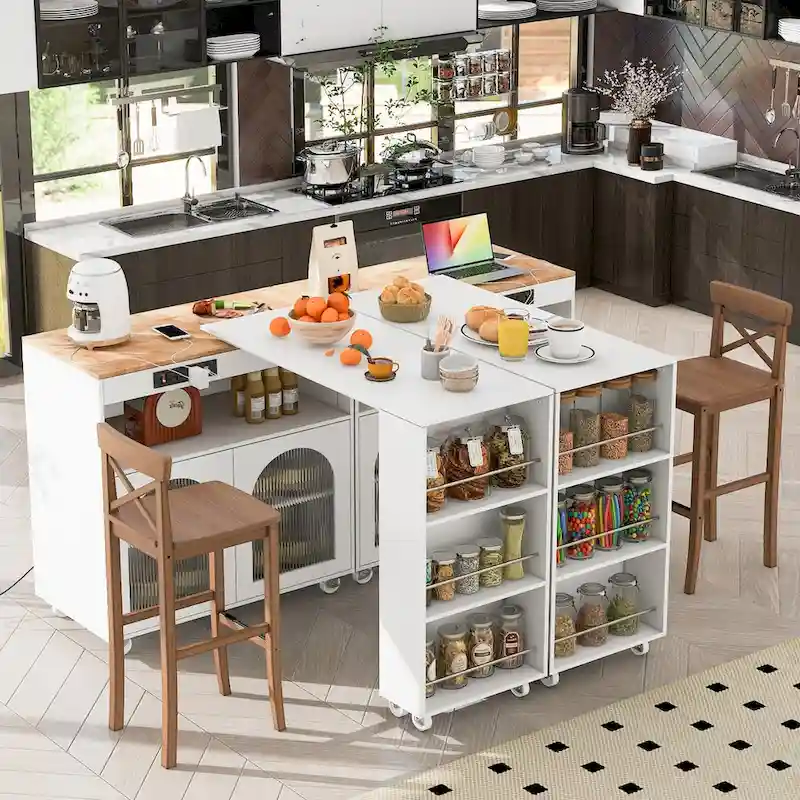 33 in. W Kitchen Island Rubberwood Top on 8 Wheels With Extended Table, LED Lights, Power Outlets