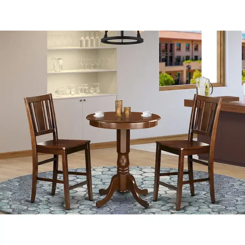 3 Piece Kitchen Table Set Contains a Round Dining Table and 2 Mid Century Chairs, Mahogany(Seat Options)