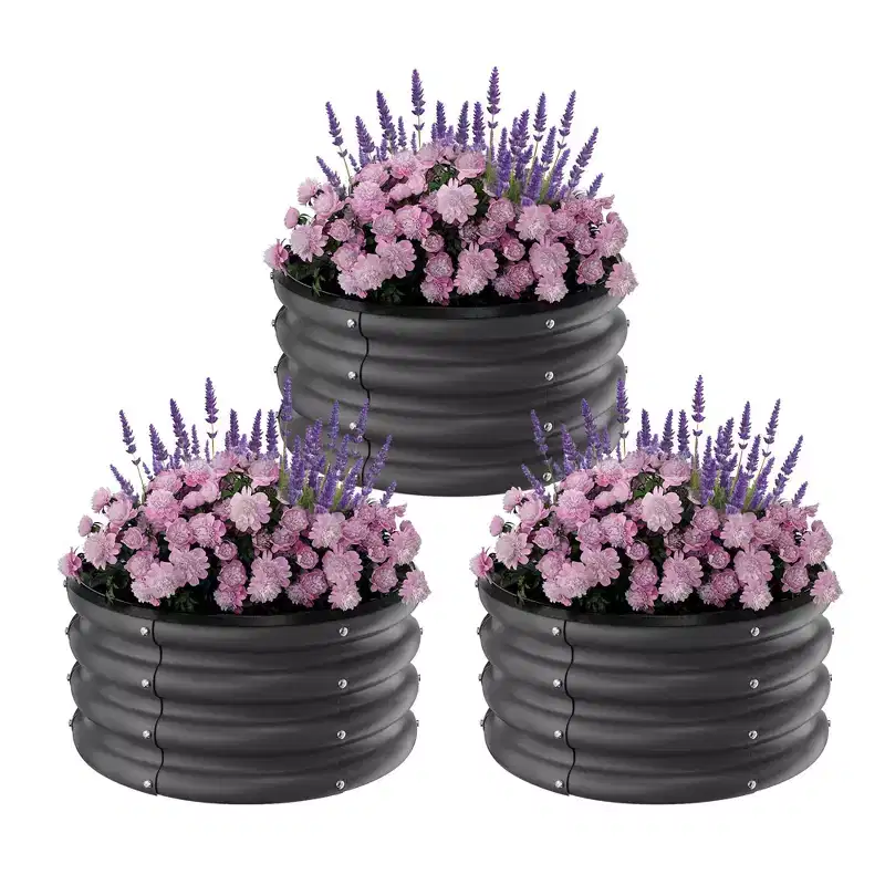 Galvanized Raised Garden Beds Outdoor, 3 Round Metal Planters, Heavy Duty Flower Herb Vegetable Boxes, Open-Bottom, Quick Assembly